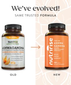 Alternative view of NutriRise Organic Ashwagandha Root Capsules with Black Pepper, 1300mg, Natural Stress & Mood, Thyroid, and Immune Support Supplement, Nootropic for Focus & Energy, Gluten Free, 120 Count