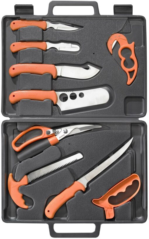 RUKO RUK0131 Wild for Game Processing Set with Orange Handles/Hard Nylon Case & Cutting Board (11 Piece)