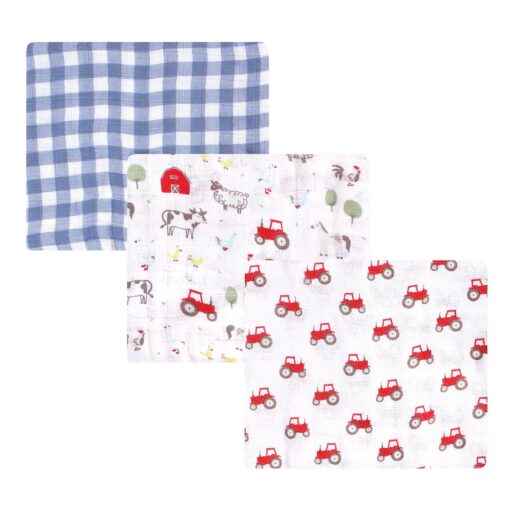 Hudson Baby Unisex Baby Cotton Muslin Swaddle Blankets, Boy Farm Animals, 3-Pack