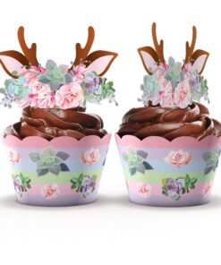 Alternative view of Woodland Baby Shower Cupcake Wrappers and Toppers - 24 Sets - Woodland Deer Birthday Party Decorations - Wild One Party Supplies (Woodland Deer)