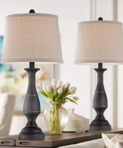 Regency Hill Ben Farmhouse Traditional Table Lamps 25" High Full Size Set of 2 Dark Bronze Brown Metal Beige Linen Drum Shade Decor for Living Room Bedroom House Bedside Nightstand Home Office 19 817MgY2hjIL