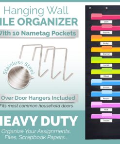 Black Pocket Chart for Classroom - 10 Pocket Storage Rainbow Pocket Charts , 3 Over Door Hangers Included, Hanging Wall File Organizer for File Folders, School Mailbox, Home/Office Papers Black - (10 Name Tag Pockets) 17 817VHmt58oL