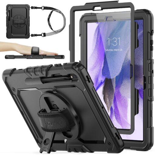 SEYMAC stock Case for Samsung Galaxy Tab S8 Plus/ S7 FE 5G Case 12.4'' with Screen Protector Pencil Holder [360 Rotating Hand Strap] &Stand, Drop-Proof Tablet Case for Galaxy Tab S8 Plus/ S7 FE, Black case for Galaxy Tab S8 Plus/ S7 FE 12.4 Black/Black