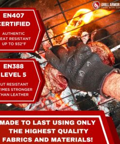 GRILL ARMOR GLOVES – Oven Gloves 932°F Extreme Heat & Cut Resistant Oven Mitts with Fingers for BBQ, Cooking, Grilling, Baking – Accessory for Smoker, Cast Iron, Fire Pit, Camping, Fireplace and More One Size Fits Most Gray 20 817bNBAJFKL