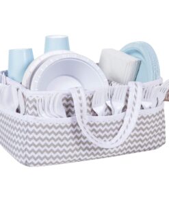 Dove Gray Chevron Storage Caddy - Chevron Print Body, Handles and Lining, Gray and White Trim, Gray and White, Two Handles, 12 in x 6 in x 8 in Dove Gray 29 817iGTUxcpL
