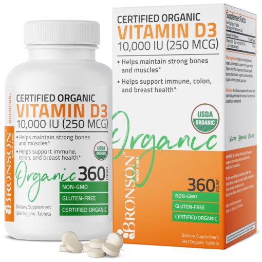 Bronson Vitamin D3 10,000 IU (250 mcg) Immune Support, Healthy Muscle Function & Bone Health, High Potency Organic Non-GMO Vitamin D Supplement, 360 Tablets 360 Count (Pack of 1)