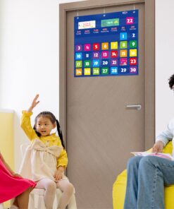 Calendar Pocket Chart, Classroom Monthly Pocket Chart with 76 Cards (68 Illustrated Activity Cards, 8 Dry Erase Blank Cards) plus 3 Over Door Metal Hangers for Classroom Home Preschool (20" x 19") Blue-style 2 20” X 19” 11 817q bsxU2L