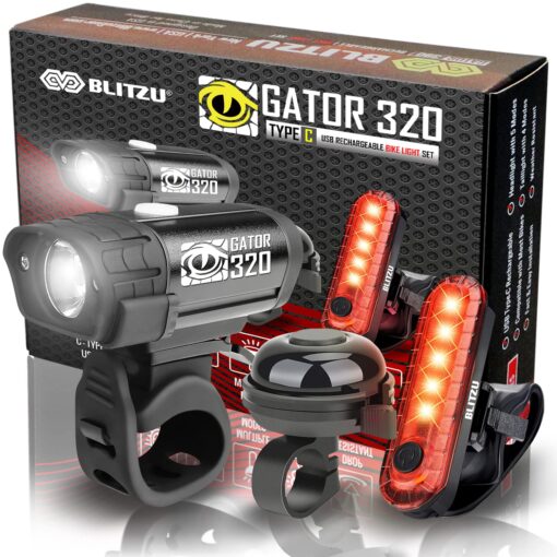 BLITZU Bike Lights, Bike Reflectors Front and Back. LED Rechargeable Headlight Rear Taillight & Bell Set Bicycle Accessories for Night Riding Men Women Kids. Gift for Dad, Mom, Boys, Girls