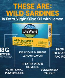 Wild Planet Wild Sardines in Extra Virgin Olive Oil With Lemon, Lightly Smoked, Tinned Fish, 4.4 Ounce (Pack of 12) EVOO with Lemon + Lightly Smoked 12 Count (Pack of 1) 13 8185dj9o5uL