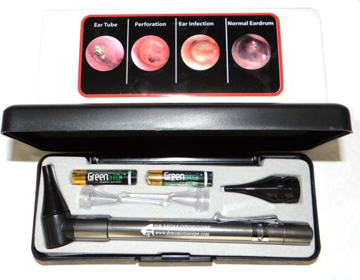 Third Generation Dr Mom Slimline Stainless LED Pocket Otoscope with Soft White Natural Hue Light Spectrum in Hard Travel Case Includes Lighted Ear Wax curettes