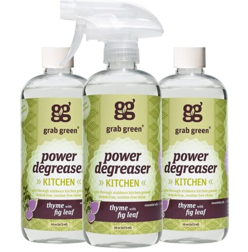 Grab Green Kitchen Power Degreaser, 16 Ounce (Pack of 3), Thyme Fig Leaf Scent, Biodegradable, Plant and Mineral Based, Cuts Through Tough Grease and Grime Thyme + Fig Leaf