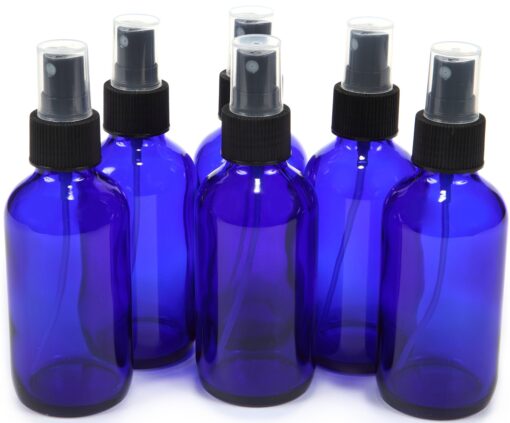 Vivaplex 6 pieces, Cobalt Blue, 4 oz Glass Bottles, with Black Fine Mist Sprayer