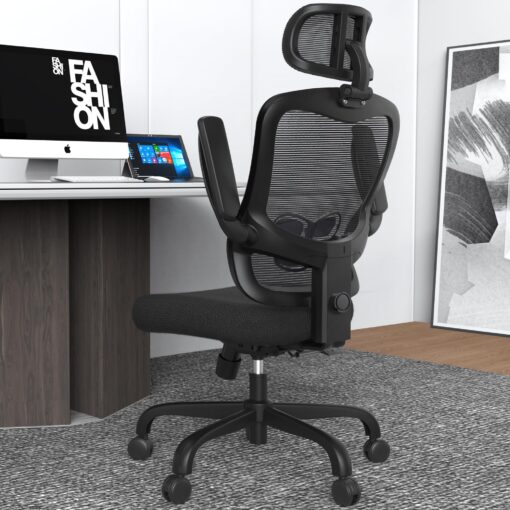 LANDOMIA Ergonomic Office Desk Chair - Mesh Office Chair with Flip up Arms & Adjustable Back Height - Comfortable Computer Task Chairs with Lumbar Support for Heavy People Black