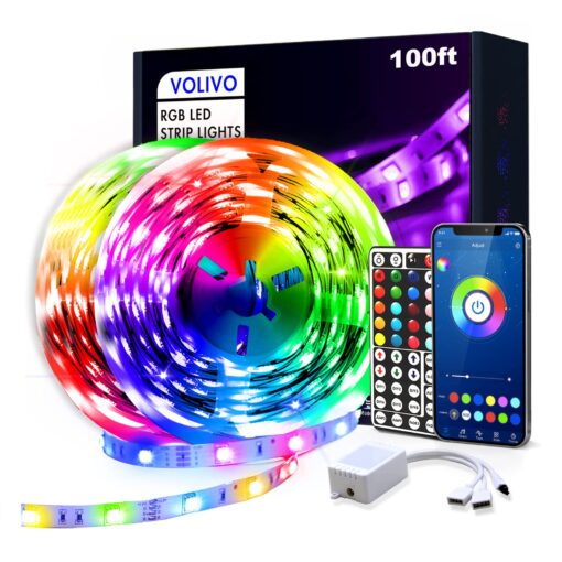 VOLIVO 100ft RGB Led Strip Lights, Color Changing Led Light Strips Kit with 44 Keys IR Remote Control, Led Lights for Bedroom, Room, Home Decoration Ultra Long RGB 5050 Led Strips 100 ft