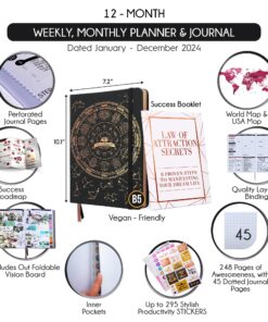 Law of Attraction Planner 2024 - Deluxe Weekly, Monthly Planner, a 12 Month Journey to Increase Productivity & Happiness, Life Organizer, Gratitude Journal, Stickers, Gift Box BLACK ASTRO Dated 7 818QHFV5RGL