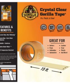 Gorilla Crystal Clear Repair Duct Tape, 1.88” x 5 yd, Clear, (Pack of 1) 1 Pack 10 818QptzCf0L
