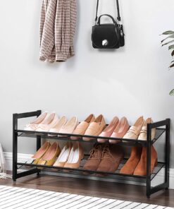 SONGMICS Shoe Rack, 2-Tier Stackable Shoe Storage Shelf, Flat or Angled Shoe Organizer, Metal Shoe Tower Stand for Closet Entryway, Black 12 818WzmvT7GL