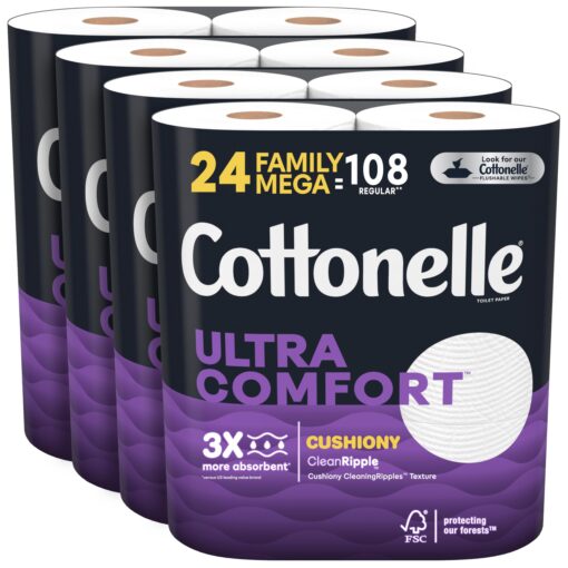 Cottonelle Ultra Comfort Toilet Paper with Cushiony CleaningRipples, 2-Ply, 24 Family Mega Rolls (4 Packs of 6) (24 Family Mega Rolls = 108 Regular Rolls), 325 Sheets per Roll, Packaging May Vary 6 Count (Pack of 4)