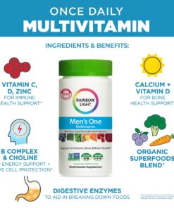 Rainbow Light Multivitamin for Men, Vitamin C, D & Zinc, Probiotics, Men's Multivitamin Provides High Potency Immune, Heart, & Liver Support, Non-GMO, Vegetarian, 120 Tablets Certified Men's 120 Count (Pack of 1) 27 818gB8HJseL 1