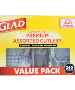 Glad Disposable Plastic Cutlery, Assorted Set | Clear Extra Heavy Duty forks, Knives, And Spoons | Disposable Party Utensils | 240 Piece Set of Durable and Sturdy Cutlery 240 Count (Pack of 1) Clear Assorted Cutlery 9 818hSQC2TyL