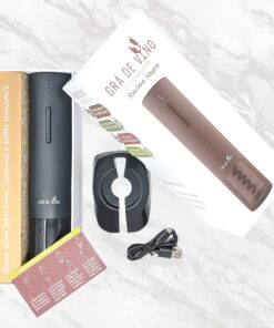 Gra De Vino Black Electric Wine Opener- Stainless Steel, Rechargeable, Automatic Corkscrew, Stand and Foil Cutter Included. Racimo Negro. 7 818o4 ueYS
