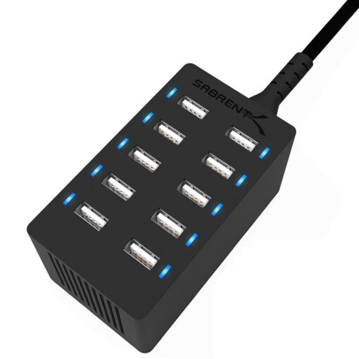 SABRENT 60 Watt (12 Amp) 10 Port [UL Certified] Family Sized Desktop USB Rapid Charger. Smart USB Ports with Auto Detect Technology [Black] (AX-TPCS) 10-Port