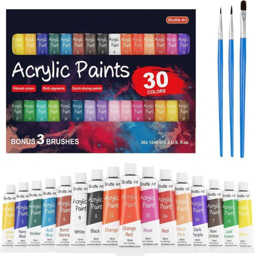 Shuttle Art Acrylic Paint Set, 30 x12ml Tubes Artist Quality Non Toxic Rich Pigments Colors Great for Kids Adults Professional Painting on Canvas Wood Clay Fabric Ceramic Crafts 30 Colors