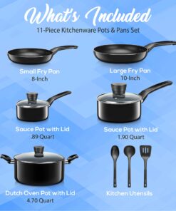 SereneLife Kitchenware Pots & Pans Basic Kitchen Cookware, Black Non-Stick Coating Inside, Heat Resistant Lacquer (11-Piece Set), SLCW11BLK-Black SLCW11BLK- Black 10 81963MeSMAL