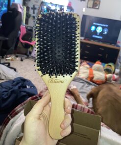 Bsisme Hair Brush-Boar Bristle Hairbrush with Detangling Pins Wooden Paddle Detangler Hairbrush for Women Men Reduce Frizz Dry Restore Natural Shine Natural Wood Color 34 819Ft7qFhL