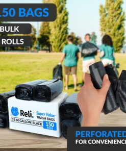 Reli. 55-60 Gallon Trash Bags Heavy Duty | 150 Bags | 50-60 Gallon | Large Black Garbage Bags | Made in USA 150 60 Gallon (Pack of 1) 14 819MmrggVhL