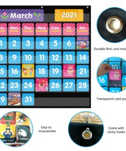 REGELETO 44 Pockets Calendar Pocket Chart for Classroom with 85 Cards, Monthly Calendar and Weather Black Pocket Chart for Kids Learning for Home or Kindergarten (25” X 24”) 44Pockets-1Pack 16 819OVEEuzHL