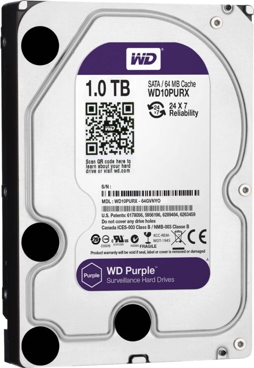 WD Purple 1TB Surveillance Hard Disk Drive - 5400 RPM Class SATA 6 Gb/s 64MB Cache 3.5 Inch - WD10PURX [Old Version] Old Generation Surveillance HDD