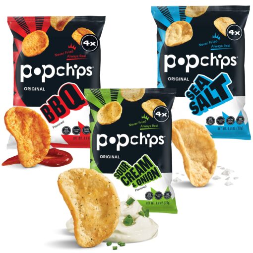 Popchips Potato Chips Variety Pack, Single Serve 0.8 Ounce Bags (Pack of 24), 4 Flavors: 8 Sea Salt, 8 BBQ, 4 Sour Cream & Onion, 4 Salt & Vinegar 4 Flavor Variety Pack 0.8 Ounce (Pack of 24)