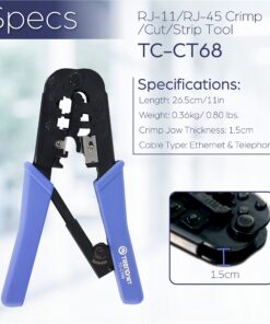 TRENDnet Crimping Tool, Crimp, Cut, And Strip Tool, For Any Ethernet or Telephone Cable, Built-In Cutter And Stripper, 8P-RJ-45 And 6P-RJ-12, RJ-11, All Steel Construction, Black, TC-CT68 24 819VtISV8kL