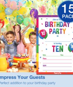 Papery Pop 10th Birthday Party Invitations with Envelopes (15 Count) - 10 Year Old Kids Birthday Invitations for Boys or Girls - Rainbow 11 819XoYjh5tL