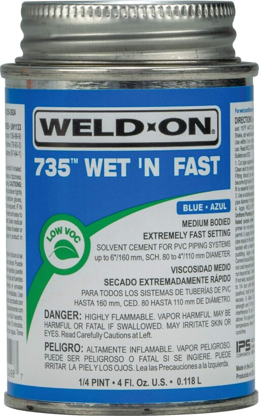 Weld-On 12498 735 Wet 'N Fast Medium-Bodied High Strength PVC Cement - Extremely Fast Setting and Low-VOC, Blue, 1/4 Pint (4 fl oz)