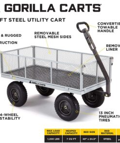 Gorilla Carts GOR1001-COM Steel Utility Cart, Heavy-Duty Convertible 2-in-1 Handle and Removable Sides, 7 cu ft, 1000 lb, Capacity, Gray, 1 pack 47 819nyzeVW0L