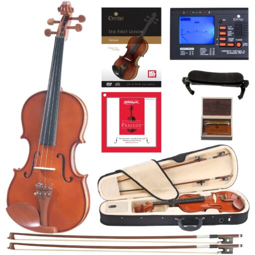 Cecilio CVN-200 Full Size Violin with D'Addario Prelude Strings - Solidwood Natural Varnish Violin for Beginners - Includes Tuner, Case, and 2 Bows 4/4