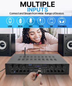 Pyle Wireless Home Audio Amplifier System - Bluetooth Compatible Sound Stereo Receiver Amp - 6 Channel 600 Watt Power, Digital LCD, Headphone Jack, 1/4'' Microphone IN USB SD AUX RCA FM Radio 26 819wisG6y2L