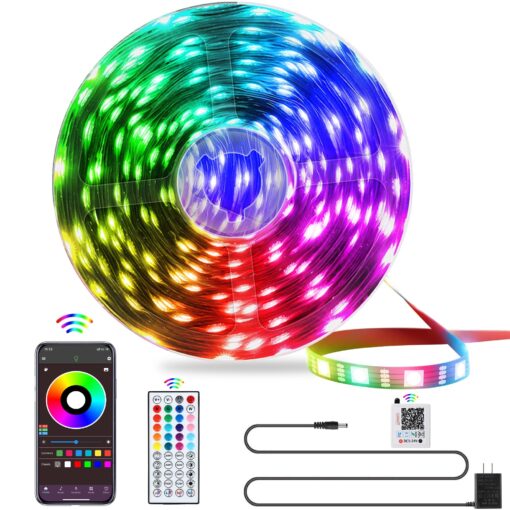 QZYL LED Lights for Bedroom, 25FT RGB LED Strip Lights with 44 Keys IR Remote, Smart LED Light Strip with Adhesive Backing Adjustable Brightness App Control for Bedroom Party Decoration 25 FT