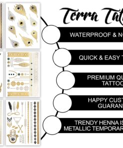 Terra Tattoos Metallic Gold Henna Temporary Tats 75+ Mandala Tattoos Feathers, Dream Catcher, Arrows Waterproof Nontoxic Long Lasting for Beach, Festivals, & Parties 19 81A0LmIFGCL