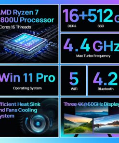 Trycoo HA-2 Mini PC, AMD Ryzen 7 5800U (8C/16T, up to 4.4Ghz), 16GB RAM 512GB M.2 2280 SSD, Win 11 Pro Mini Desktop Computer 4K@60Hz HD 2.0/DP/Type-C/WiFi 6/BT5.2/USB3.2 AMD Ryzen 7 5800U 16GB RAM 512GB SSD 18 81AKlwehzRL
