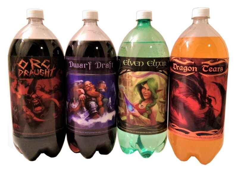 4 Soda Bottle Labels for Fantasy Themed Party. 7" x 6" Sticker Set Features an Orc, Dwarf, Elf, and Dragon.