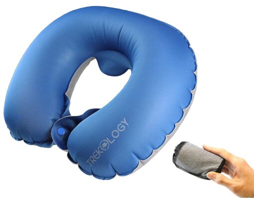 TREKOLOGY Inflatable Neck Pillow for Travel - Ultimate Comfort and Support for Airplanes, Cars, and More - Ergonomic Design for Restful Sleep and Neck Relief - Essential Travel Accessory Navy Blue