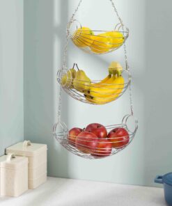Home Basics 3-Tier Adjustable Chrome Heavy Duty Wire Hanging Fruit or Vegetable Kitchen Storage Baskets, Chrome Finish, Hammock Style 17 81AWTFSESJL