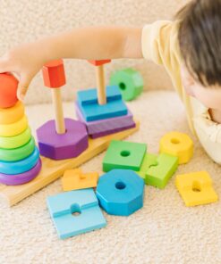 Melissa & Doug Geometric Stacker - Wooden Educational Toy - Shape Sorter And Stacking Toy, Stacking Tower Toy For Babies, Toddlers And Kids Ages 2+, Multicolor, Playsets 24 81AbRArwkCL