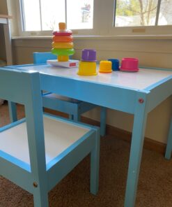 Amazon Basics 3-Piece Wood Kids Table and Chairs Set with Dry Erasable Table Top, Sky Blue, 64 x 49 x 45 cm 48 81AbhlzFtiL