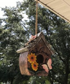 Dawhud Direct Hanging Bird Houses for Outside, Hand-Painted Bird Houses for Outdoors Decorative Birdhouses (Butterfly and Flowers Welcome) Butterfly and Flowers Welcome 24 81AbjiAy5nL