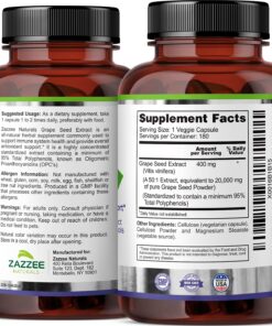Zazzee High Strength Grape Seed 50:1 Extract, 20,000 mg Strength, 180 Vegan Capsules, 95% Polyphenols, 6 Month Supply, Concentrated, Standardized 50X Extract, 400 mg per Capsule, Non-GMO, All-Natural 25 81AeRbZoRHS