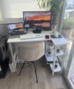 Lufeiya White L Shaped Computer Desk with Power Outlet Shelves, 40 Inch Small Corner Desk for Small Space Home Office, L-Shaped Desk PC Desks, White 39.4" 46 81AkSwZUL
